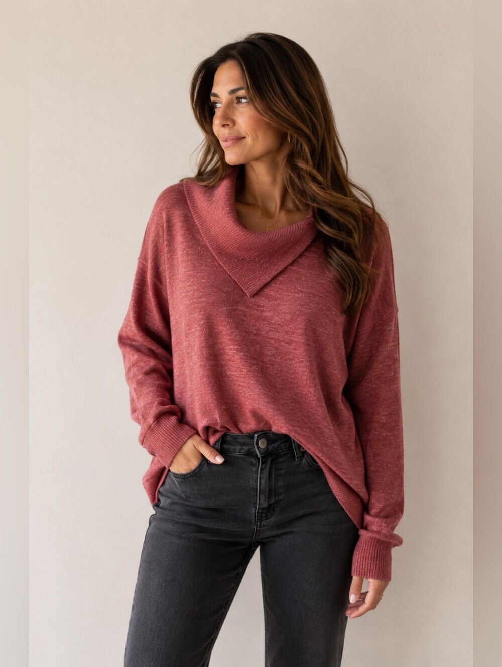 DEMOCRACY Asymmetrical Split Neck Sweater